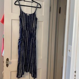 Cabi high low spaghetti strap dress in black/blue/white print. Medium